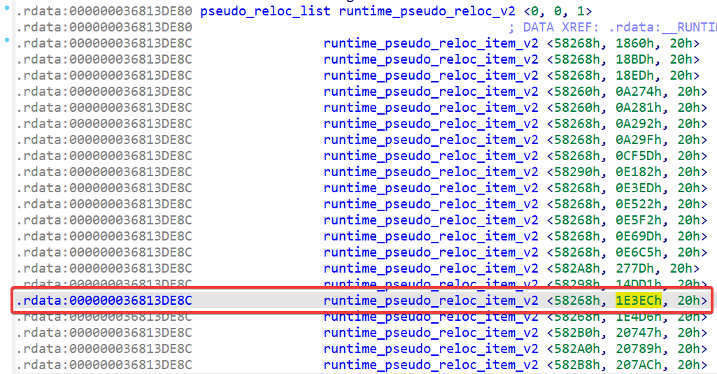 IDA Pro screenshot showing a number of runtime_pseudo_reloc_item_v2 structures, highlighting the one that covers the offset of interest for us.