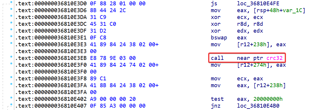 A screenshot showing a CALL instruction, CALL near ptr crc32 (E8 78 9E 03 00)